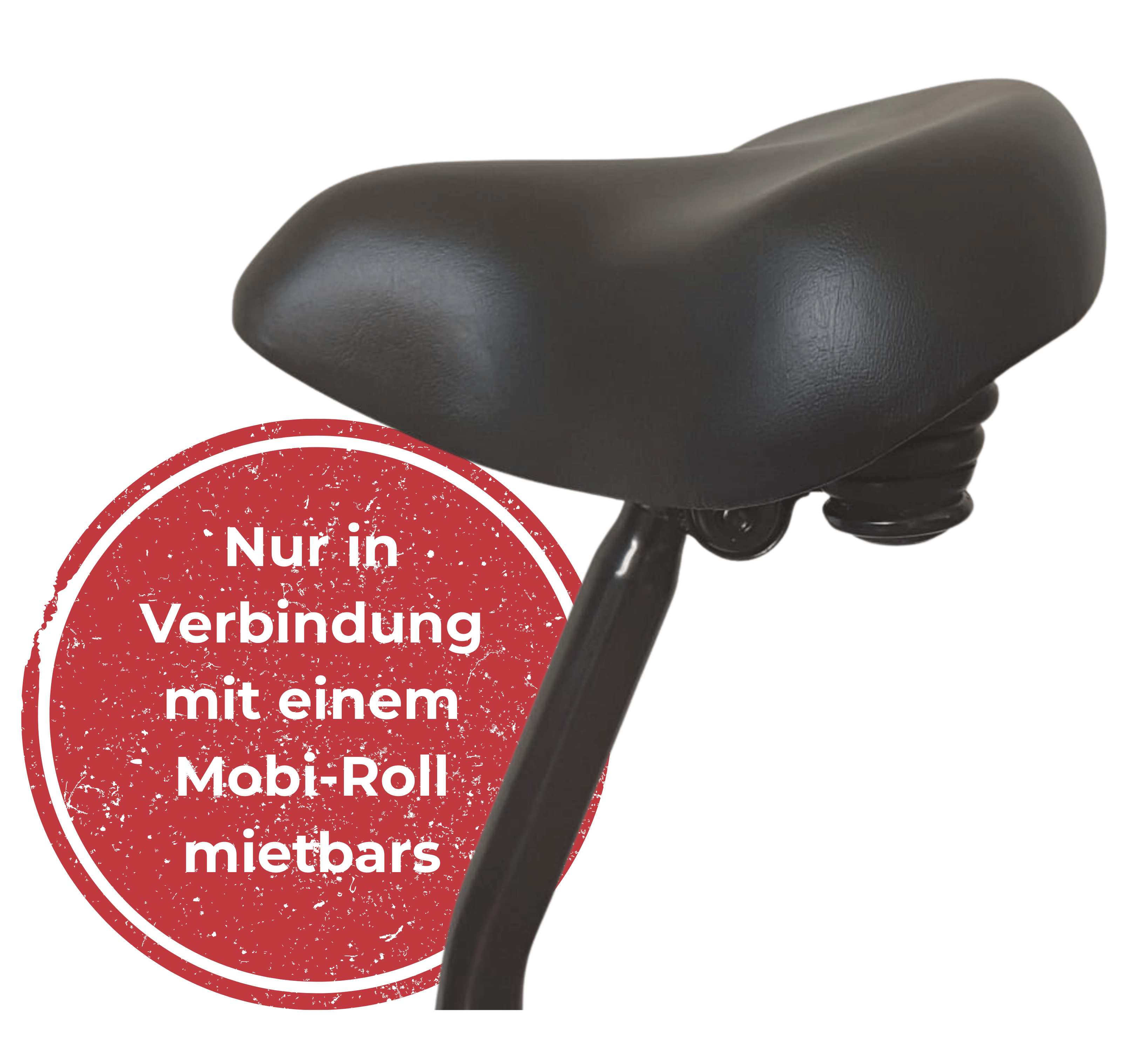 Breiter schwarzer Mobi-Roll Komfortsattel mit gepolsterter Sitzfläche, Federung und gebogener Befestigungsstange.