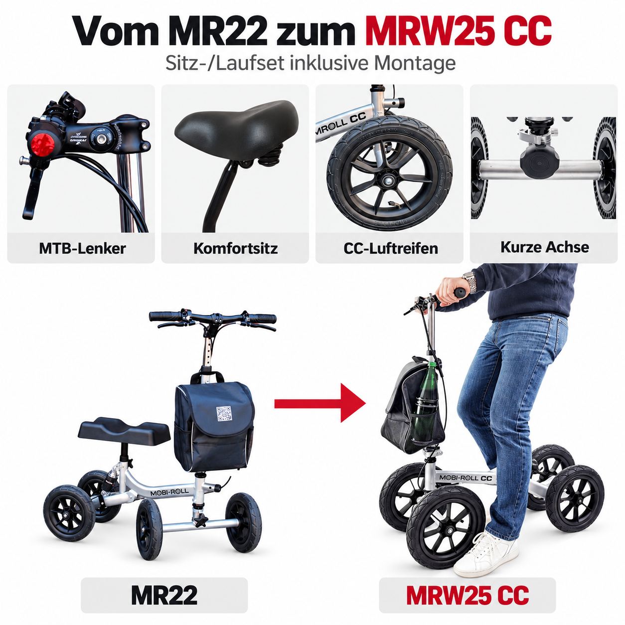 Mobi-Roll MR22 Knieroller vor und nach der Umrüstung zum MRW25 CC Sitz- und Laufroller mit Luftreifen, Komfortsitz, MTB-Lenker und kurzer Achse.