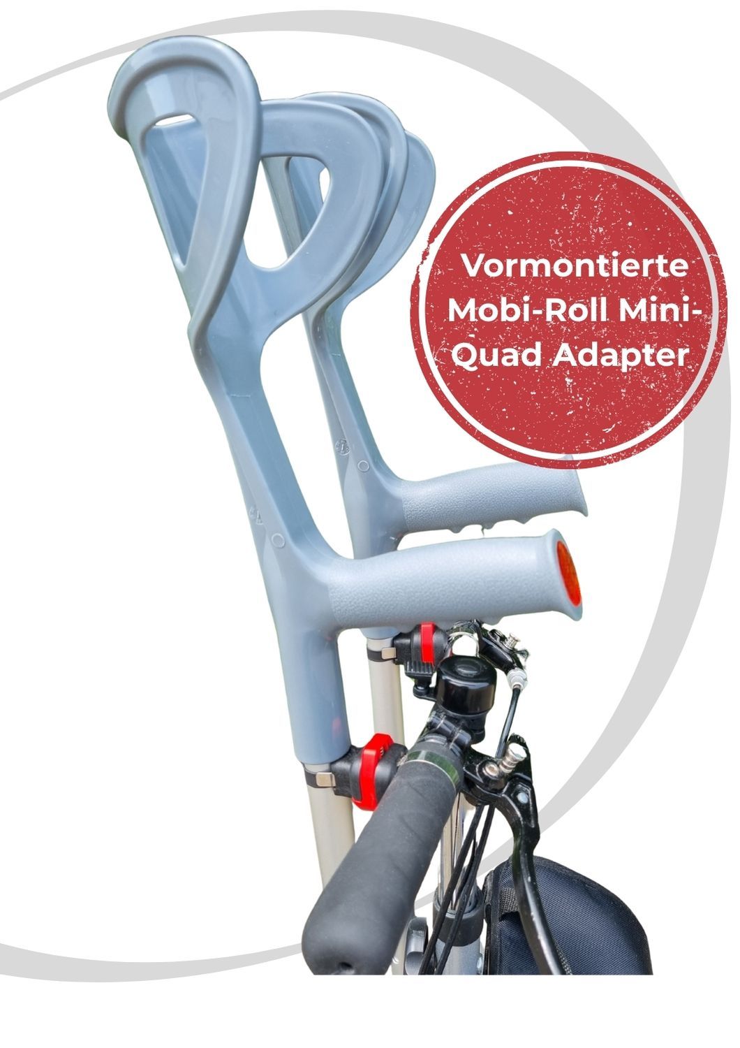 Unterarmgehstützen am Mobi-Roll Knieroller, mit einer Halterung an der Lenksäule befestigt.